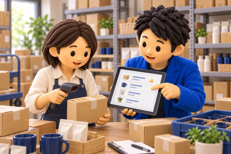 倉庫で商品を読み取り、在庫一覧を担当者と男性開発者が確認するイラスト