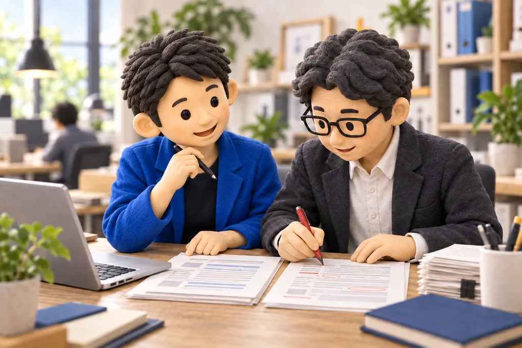 担当者が資料を照合して修正し、開発者が改善点を聞く様子