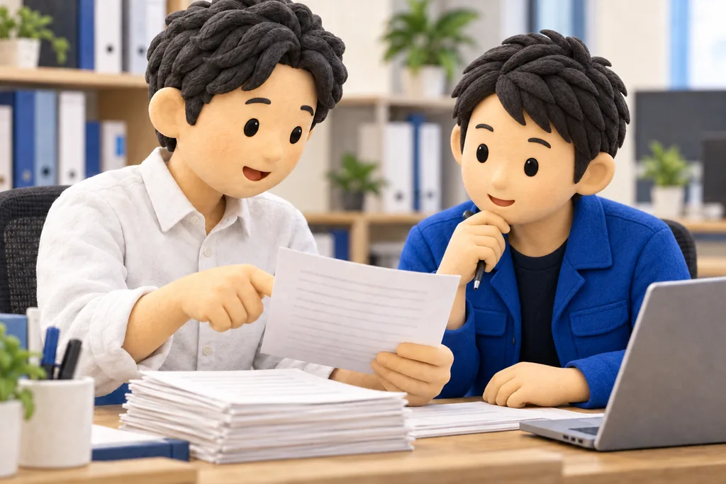 担当者の隣で仕事と資料について話を聞く開発者