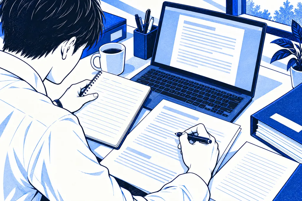 元のメモと文書の下書きを照合し、修正する担当者